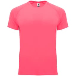 A bright pink T-shirt with short sleeves and a crew neck. It features a logo on the label.