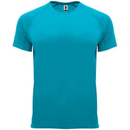 A turquoise T-shirt with short sleeves and a logo on the collar.