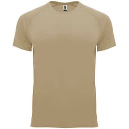 A beige T-shirt featuring a simple design and a label with branding at the neckline.