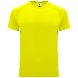 A vibrant yellow T-shirt with a crew neck and short sleeves, featuring a logo on the label.