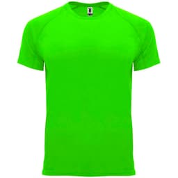 A bright green T-shirt with a crew neck and short sleeves, featuring a logo on the label.