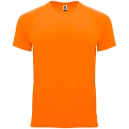 An orange T-shirt featuring a round neckline and short sleeves. It includes a logo on the label.