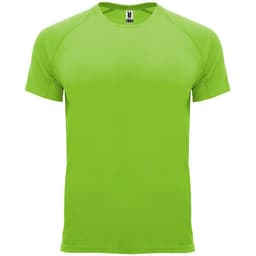 A bright green T-shirt with a simple design and a logo on the label. Ideal for casual wear.