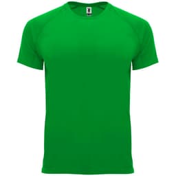 A green t-shirt with a round neckline and short sleeves. It features a logo on the label.