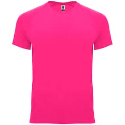 A bright pink T-shirt with a crew neckline and short sleeves, featuring a logo on the label.
