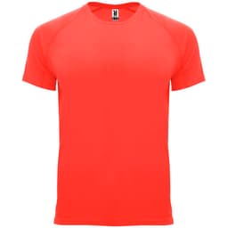 A bright red T-shirt with a round neckline and short sleeves. It features a logo on the inside label.