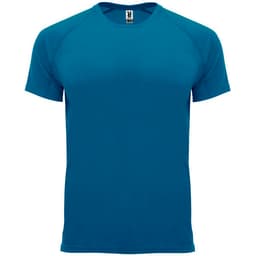 A blue T-shirt with short sleeves and a round neckline, featuring a logo on the label.