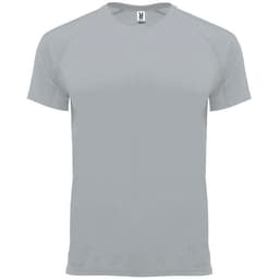 A light grey T-shirt featuring short sleeves and a casual design. It has a logo on the label.