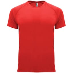 A red T-shirt featuring short sleeves and a crew neckline, with a logo on the label.