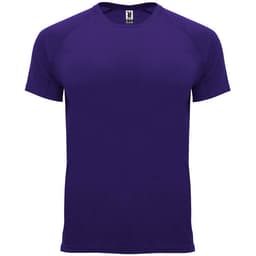 A purple T-shirt with a simple design and raglan sleeves, featuring a logo on the label.