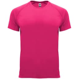 A pink T-shirt featuring short sleeves and a round neck, with a logo on the label.