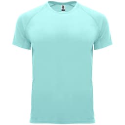 A light blue T-shirt with a round neck and short sleeves, featuring a logo on the label.