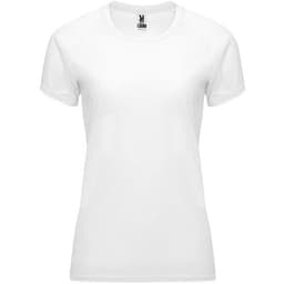 A white women's t-shirt with a fitted design and short sleeves, featuring a logo on the label.