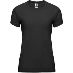 A black women's t-shirt with short sleeves, featuring a logo on the label.