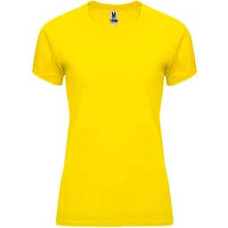 A yellow women's T-shirt featuring a branding logo, with a classic crew neckline and short sleeves.