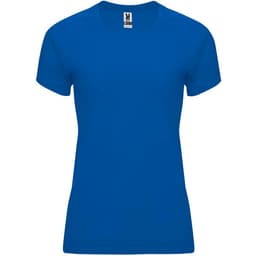A blue women's t-shirt with short sleeves, featuring a branding logo on the tag.
