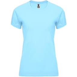 A light blue women's T-shirt with a fitted style and a round neckline; features a logo at the label.