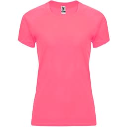 A pink women's t-shirt with a classic crew neck and short sleeves, featuring a logo on the label.