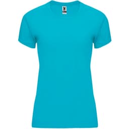 A turquoise women's t-shirt with short sleeves and a crew neck. It features a logo on the inside label.