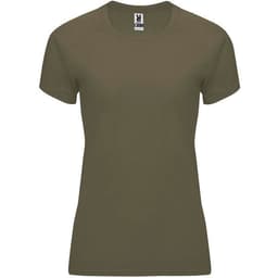 An olive green women's T-shirt with a fitted silhouette and short sleeves. The shirt features a logo.