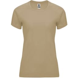 A beige women's T-shirt with a round neckline and short sleeves, featuring a logo on the label.