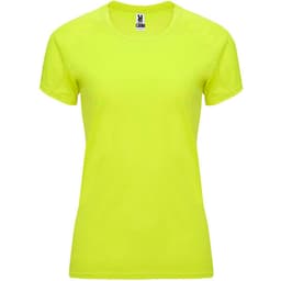 A women's t-shirt in bright yellow with a fitted design and a small logo on the collar.