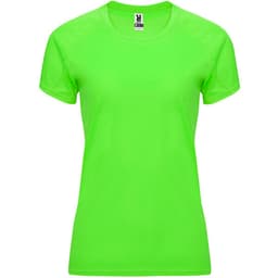 A bright green women's T-shirt with a fitted style and short sleeves, featuring a logo at the neckline.