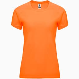An orange women's t-shirt featuring a round neckline and short sleeves, with a logo on the label.