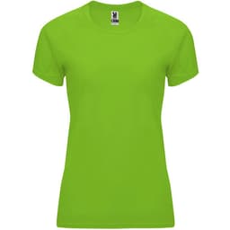 A bright green women's T-shirt with a classic crew neck and short sleeves. It features a logo at the neckline.