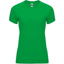 A green T-shirt for women featuring a fitted design and a logo on the label.