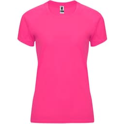 A bright pink women's T-shirt featuring short sleeves and a round neckline, with a logo on the label.