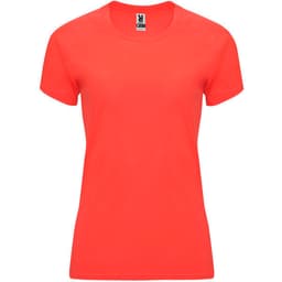 A red women's T-shirt with short sleeves, featuring a logo on the label.