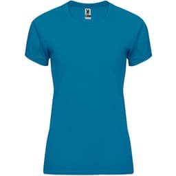A women's T-shirt in vibrant teal blue, featuring a crew neckline and short sleeves. It has a small logo at the neckline.