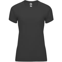 A black women's t-shirt featuring a fitted style and short sleeves. The shirt has a logo at the neckline.