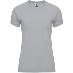 A grey women's t-shirt with short sleeves and a fitted design. It features a logo on the label.
