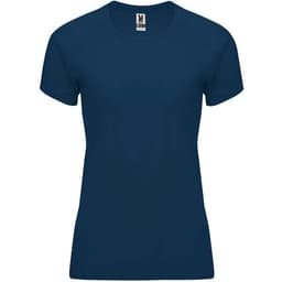 A navy blue women's t-shirt with short sleeves and a fitted design, featuring a logo at the collar.