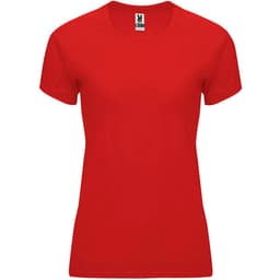 A red women's T-shirt with short sleeves and a fitted design. It features a logo on the label.