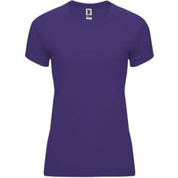 A purple women's T-shirt with short sleeves and a fitted design. Features a label and a simple style.