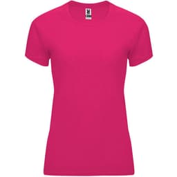 A vibrant pink women's T-shirt featuring a fitted design and short sleeves. It has a logo on the label.
