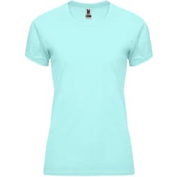 A light blue women's t-shirt with a round neckline and short sleeves, featuring a logo at the collar.
