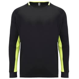 A long-sleeved T-shirt in black with neon yellow accents, featuring a logo on the front.