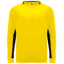 A yellow long-sleeved T-shirt with black accents and a logo on the design.