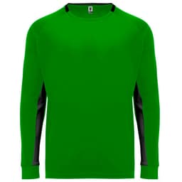 A long-sleeved t-shirt in bright green with black accents and a logo on the chest area.
