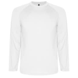 A white long-sleeved T-shirt with a logo on the collar and raglan sleeves.