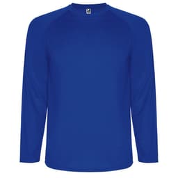 A long-sleeved T-shirt in a vibrant blue colour, featuring a raglan sleeve design and a small logo.