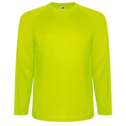 A long-sleeved t-shirt in bright lime green, featuring a round neck and raglan sleeves. It has a branding logo.