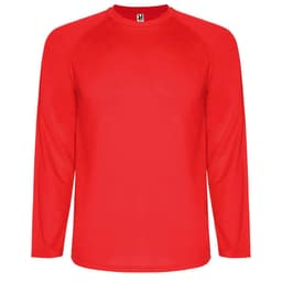 A red long-sleeved T-shirt with a crew neck and a logo on the neckline.