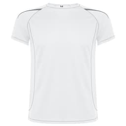 A white T-shirt featuring grey accents and a logo on the front, designed for a promotional product.