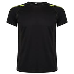 A black T-shirt with green accents and stitching, featuring a logo on the label.