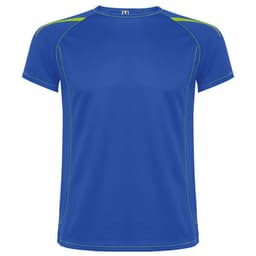A blue T-shirt with green accents and a logo, designed with short sleeves and a crew neckline.